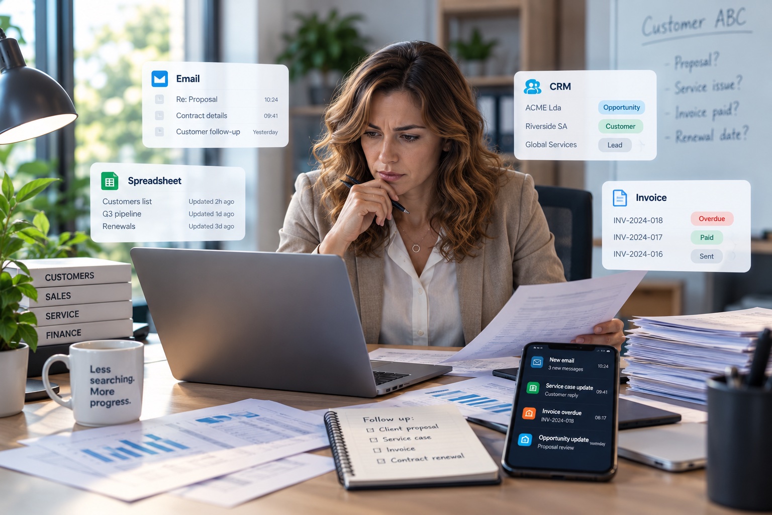 Illustration of a business owner reviewing information scattered across emails, spreadsheets and invoices.