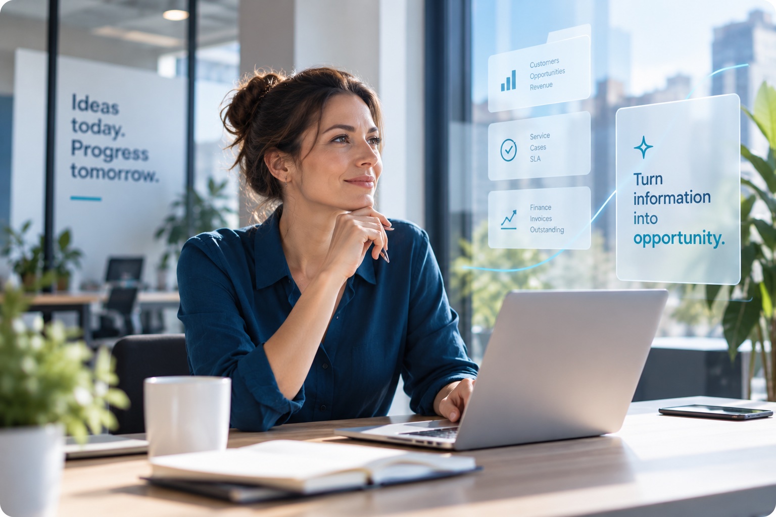 Illustration of a woman at a laptop with customer, service and finance information.